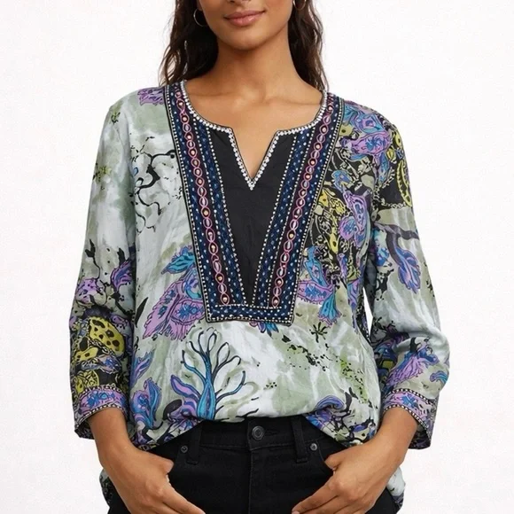 J. Peterman Embroidered Beaded Blouse Top Tunic Boho Festival Resort Size Medium - Picture 1 of 15